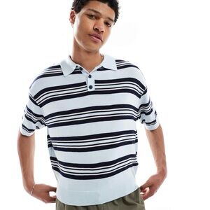 Bershka Men's Retro Knitted Striped Polo In Blue Size Extra Small Worn Once